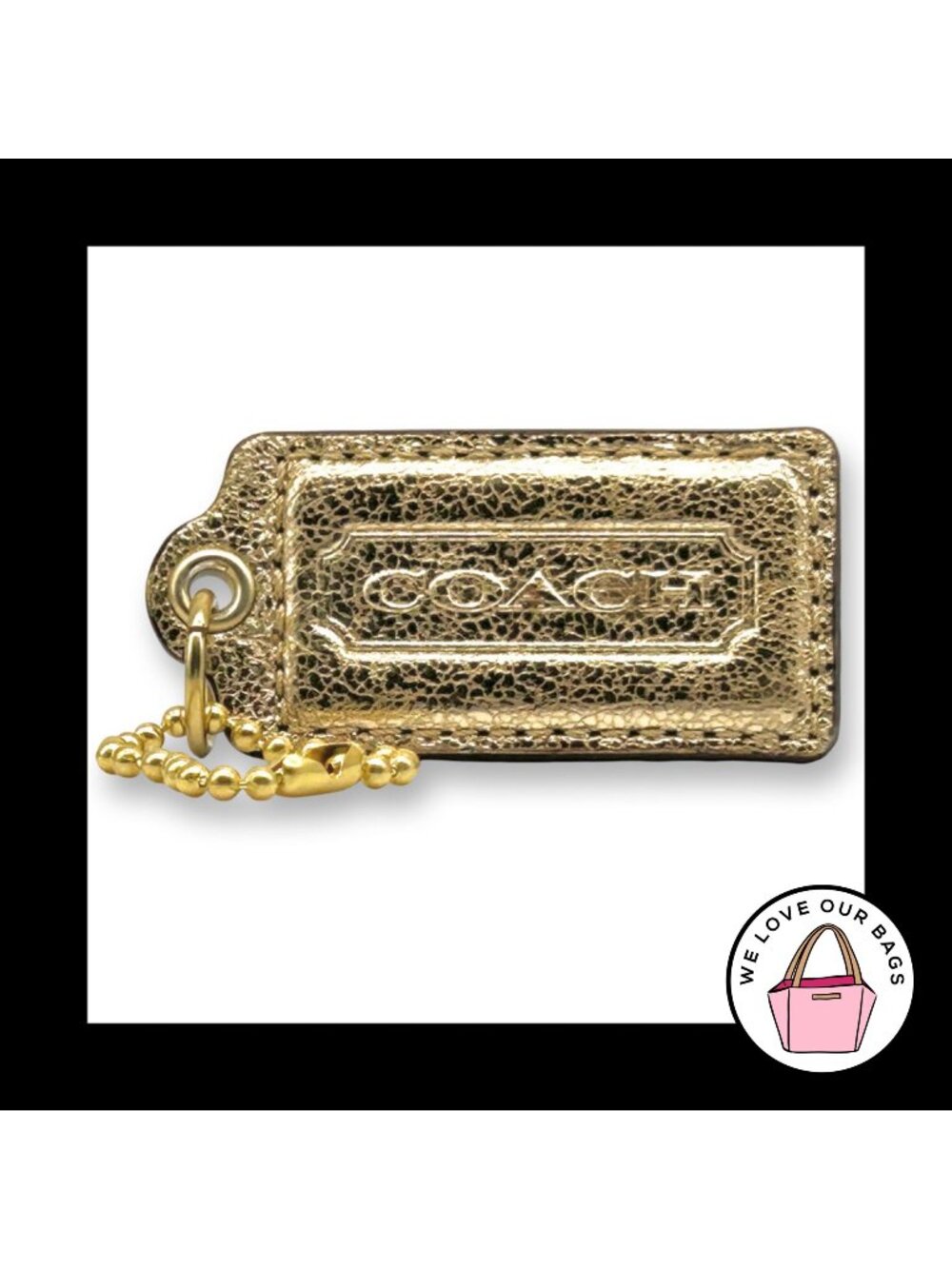 Poppy COACH HANG TAG 2.5" Gold Metallic Bag Charm Keychain Fob Crackle Leather
